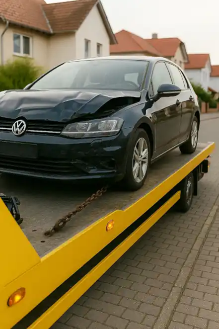 Defektes Auto, das zum Autoankauf in Alsdorf abgeschleppt wird, um es unkompliziert zu verkaufen.